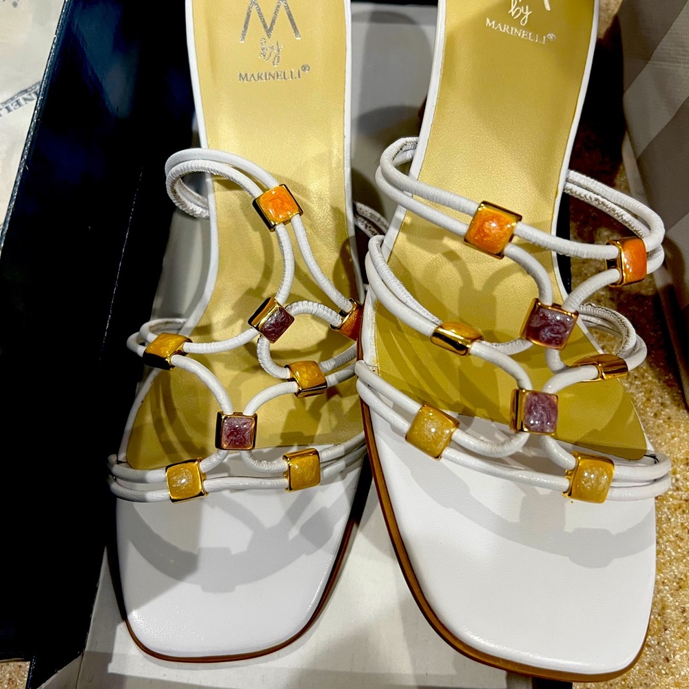 Heeled white beaded sandals